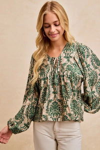 Printed Balloon Sleeve Front Tied Blouse-The printed woven front tied blouse with balloon sleeves is a stylish and feminine choice for adding a touch of flair to your outfit creating a flattering silhouette.