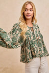 Printed Balloon Sleeve Front Tied Blouse-The printed woven front tied blouse with balloon sleeves is a stylish and feminine choice for adding a touch of flair to your outfit creating a flattering silhouette.