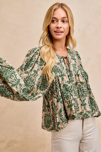 Printed Balloon Sleeve Front Tied Blouse-The printed woven front tied blouse with balloon sleeves is a stylish and feminine choice for adding a touch of flair to your outfit creating a flattering silhouette.