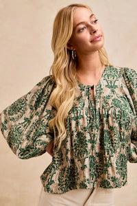 Printed Balloon Sleeve Front Tied Blouse-The printed woven front tied blouse with balloon sleeves is a stylish and feminine choice for adding a touch of flair to your outfit creating a flattering silhouette.
