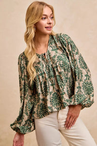 Printed Balloon Sleeve Front Tied Blouse-The printed woven front tied blouse with balloon sleeves is a stylish and feminine choice for adding a touch of flair to your outfit creating a flattering silhouette.