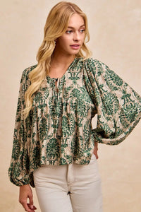 Printed Balloon Sleeve Front Tied Blouse-The printed woven front tied blouse with balloon sleeves is a stylish and feminine choice for adding a touch of flair to your outfit creating a flattering silhouette.