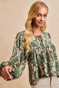 Printed Balloon Sleeve Front Tied Blouse-The printed woven front tied blouse with balloon sleeves is a stylish and feminine choice for adding a touch of flair to your outfit creating a flattering silhouette.