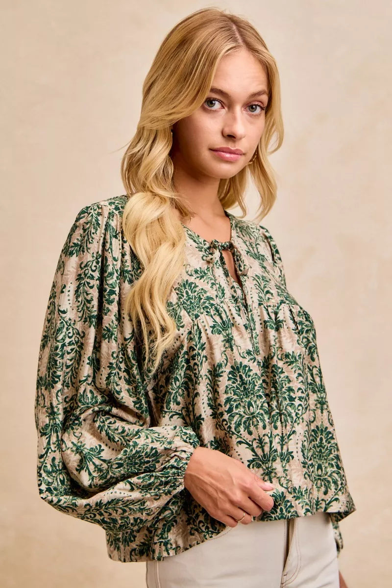 Printed Balloon Sleeve Front Tied Blouse-The printed woven front tied blouse with balloon sleeves is a stylish and feminine choice for adding a touch of flair to your outfit creating a flattering silhouette.