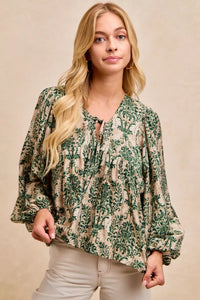 Printed Balloon Sleeve Front Tied Blouse-The printed woven front tied blouse with balloon sleeves is a stylish and feminine choice for adding a touch of flair to your outfit creating a flattering silhouette.