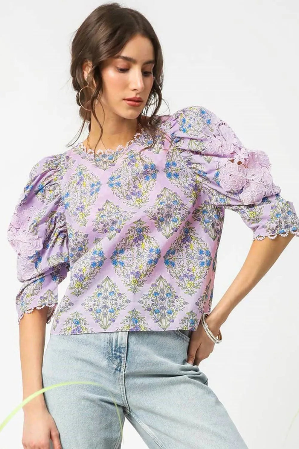Printed Lace Puff Sleeve Blouse-blouse-Reef Love