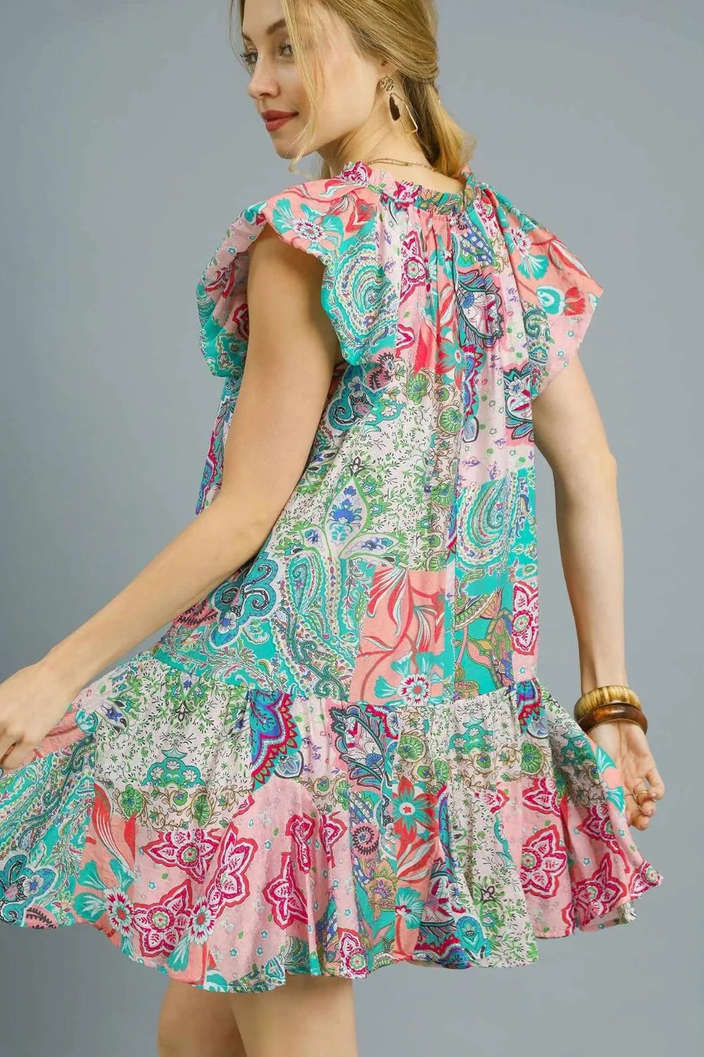 Printed Ruffle Cap Sleeve Mini Dress-Bring on the boho vibe with this vibrant Printed Ruffle Cap Sleeve Mini Dress—your new favorite for sun-drenched days. Featuring a bold floral and paisley print-Reef Love Boho-Chic Boutique