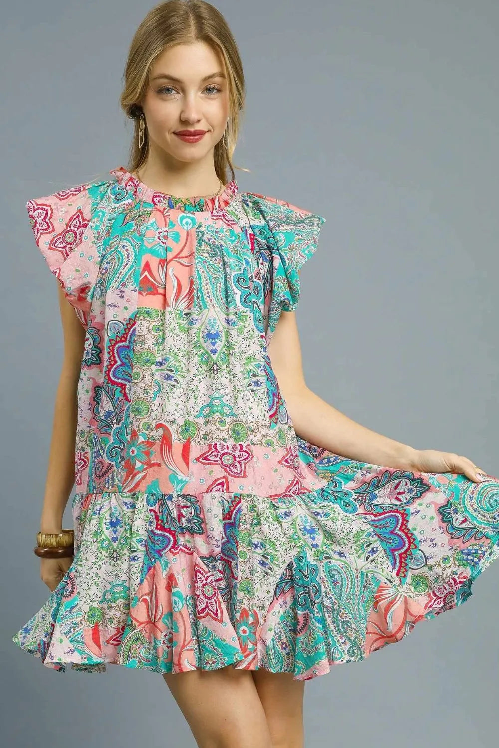 Printed Ruffle Cap Sleeve Mini Dress-Bring on the boho vibe with this vibrant Printed Ruffle Cap Sleeve Mini Dress—your new favorite for sun-drenched days. Featuring a bold floral and paisley print-Reef Love Boho-Chic Boutique