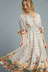 Printed Smocked Waist Flounce Sleeve Midi Dress