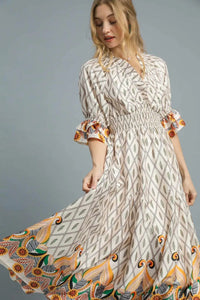 Printed Smocked Waist Flounce Sleeve Midi Dress