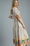 Printed Smocked Waist Flounce Sleeve Midi Dress