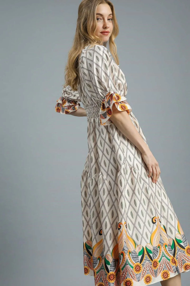 Printed Smocked Waist Flounce Sleeve Midi Dress