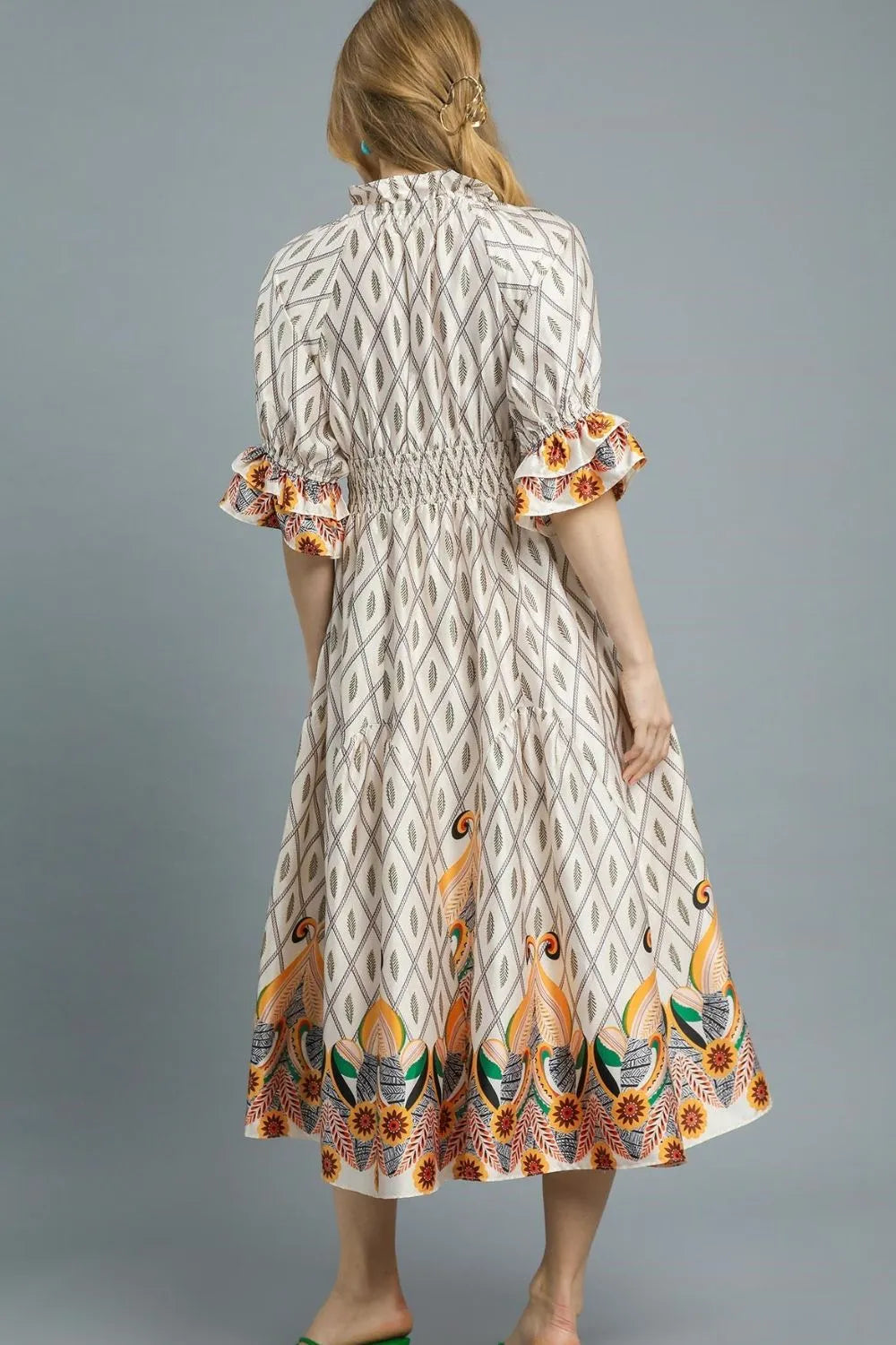 Printed Smocked Waist Flounce Sleeve Midi Dress