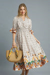 Printed Smocked Waist Flounce Sleeve Midi Dress