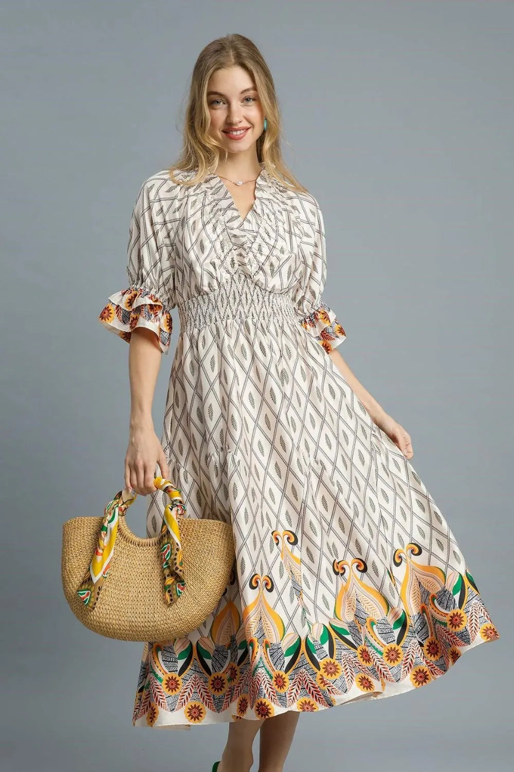 Printed Smocked Waist Flounce Sleeve Midi Dress