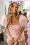 Puff Sleeve Square Neck Smocked Peplum Top-Peplum Top-Reef Love