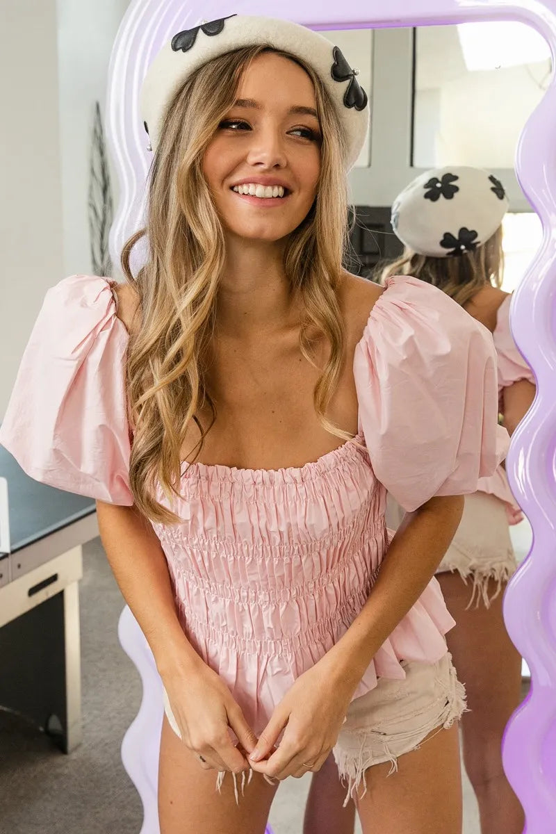 Puff Sleeve Square Neck Smocked Peplum Top-Peplum Top-Reef Love