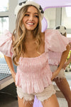 Puff Sleeve Square Neck Smocked Peplum Top-Peplum Top-Reef Love