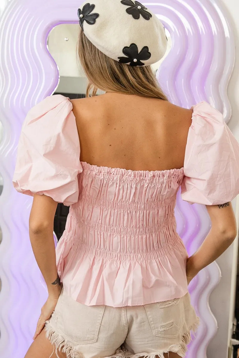 Puff Sleeve Square Neck Smocked Peplum Top-Peplum Top-Reef Love