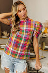 Puff Sleeve Washed Vintage Plaid Top-Reef Love