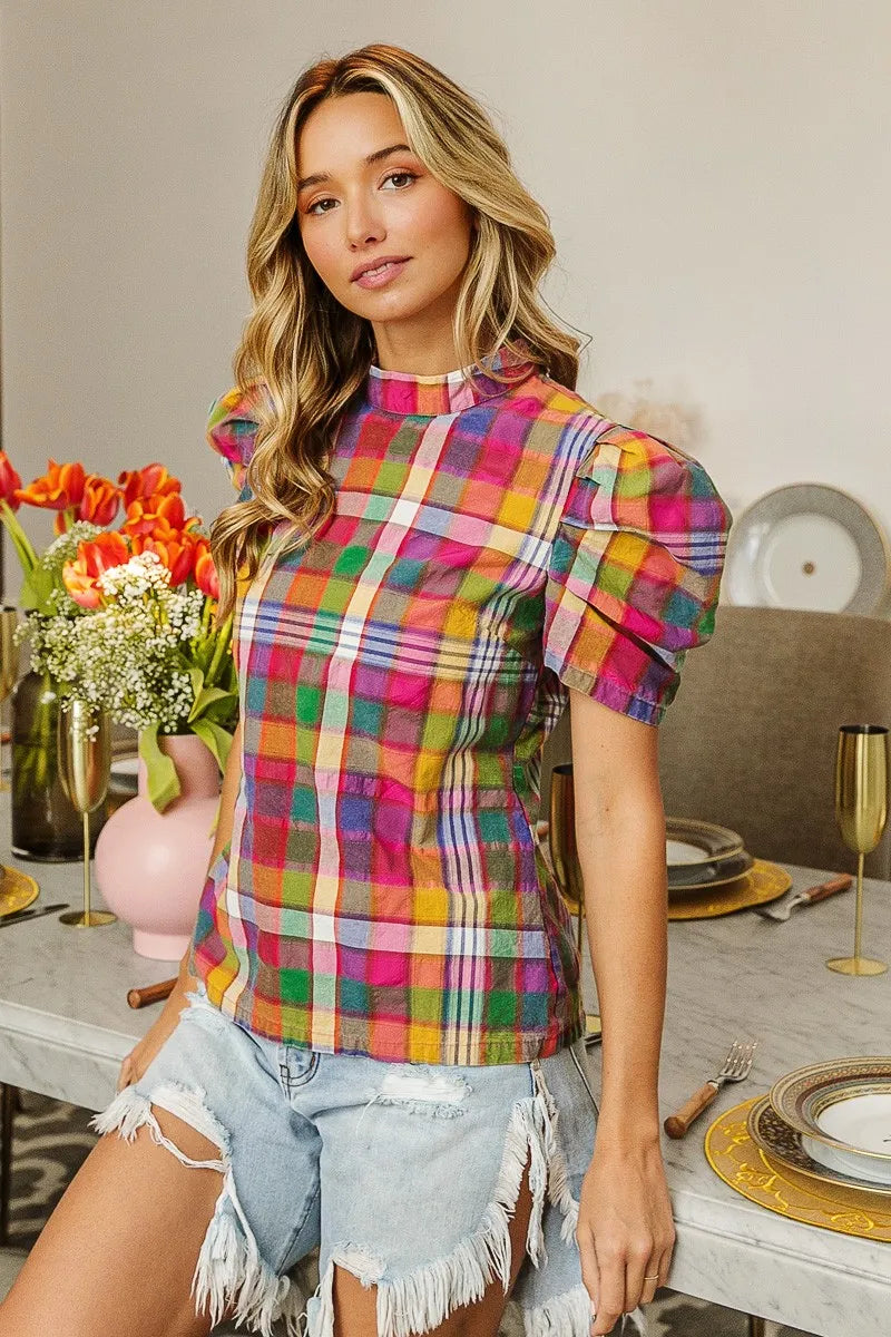 Puff Sleeve Washed Vintage Plaid Top-Reef Love