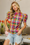 Puff Sleeve Washed Vintage Plaid Top-Reef Love