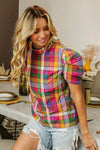 Puff Sleeve Washed Vintage Plaid Top-Reef Love