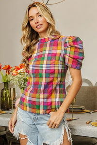 Puff Sleeve Washed Vintage Plaid Top-Reef Love