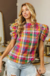 Puff Sleeve Washed Vintage Plaid Top-Reef Love