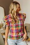 Puff Sleeve Washed Vintage Plaid Top-Reef Love