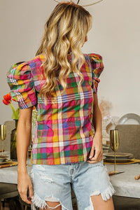 Puff Sleeve Washed Vintage Plaid Top-Reef Love