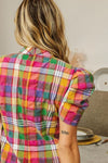 Puff Sleeve Washed Vintage Plaid Top-Reef Love