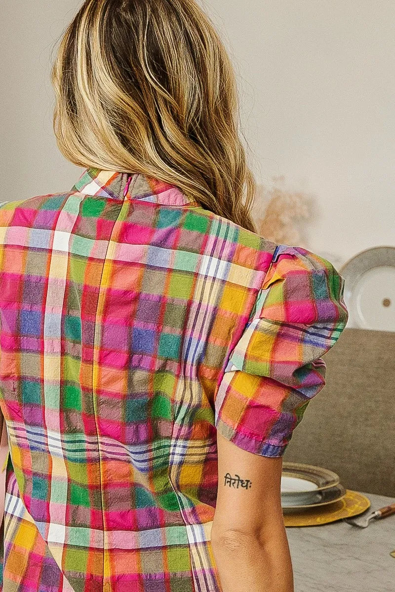 Puff Sleeve Washed Vintage Plaid Top-Reef Love