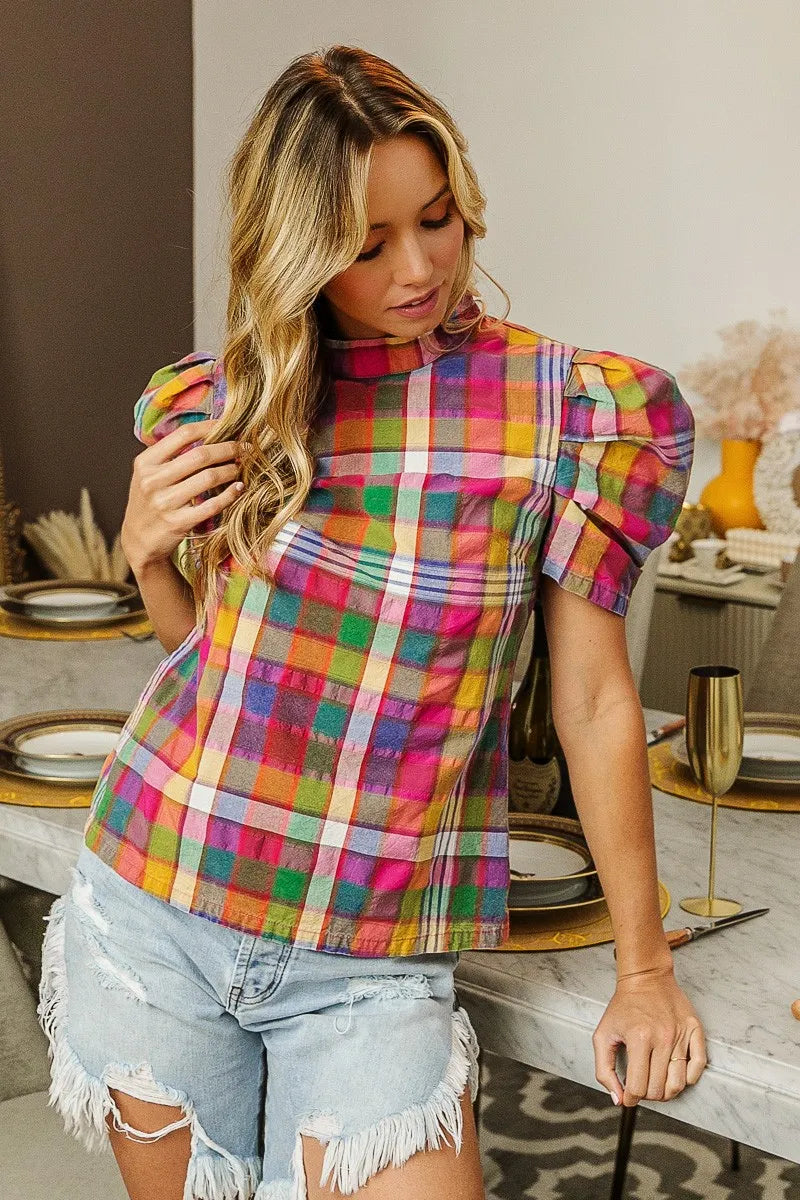 Puff Sleeve Washed Vintage Plaid Top-Reef Love