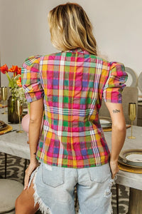 Puff Sleeve Washed Vintage Plaid Top-Reef Love