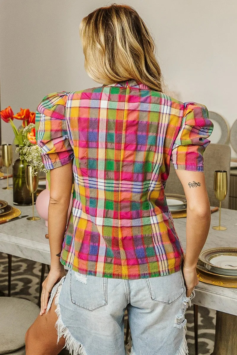 Puff Sleeve Washed Vintage Plaid Top-Reef Love