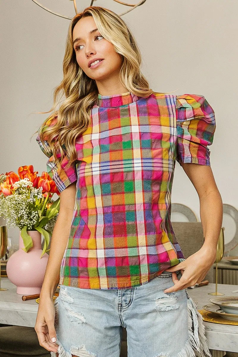 Puff Sleeve Washed Vintage Plaid Top-Reef Love