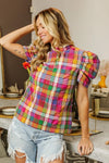 Puff Sleeve Washed Vintage Plaid Top-Reef Love