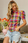 Puff Sleeve Washed Vintage Plaid Top-Reef Love