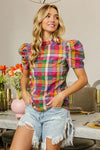 Puff Sleeve Washed Vintage Plaid Top-Reef Love
