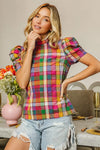 Puff Sleeve Washed Vintage Plaid Top-Reef Love