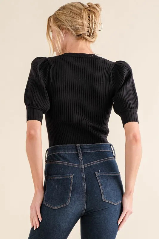 Puffed Half Sleeve Rib Bodysuit-Bodysuit-Reef Love