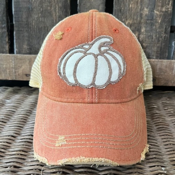 Pumpkin Embroidered Patch Distressed Baseball Cap-Pumpkin Embroidered Patch Distressed Baseball Cap. Distressed Headmost Brand Cap, Tan Mesh, Snapback Closure. Entire cap is soft and superior quality.