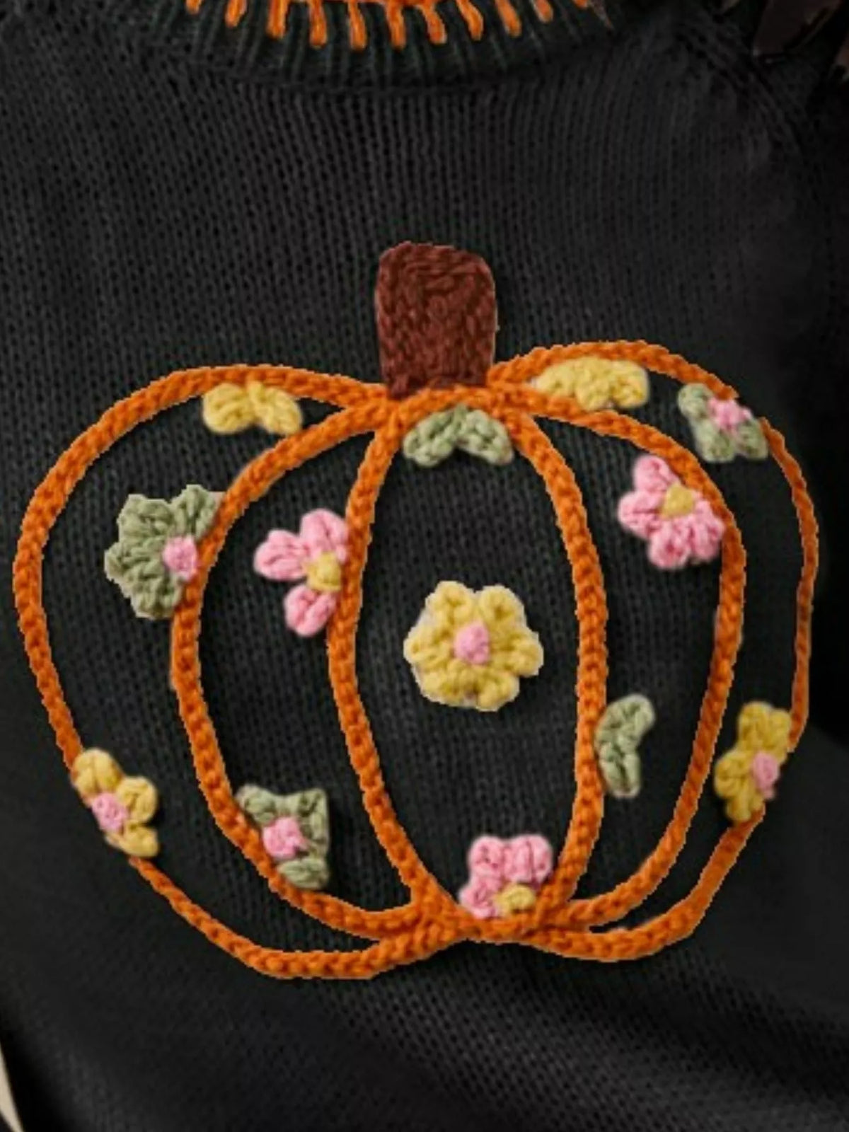 Pumpkin Floral Embroidered Thanksgiving Sweater-Pumpkin Embroidered Thanksgiving Sweater, the perfect fall sweater. The pumpkin embroidered Thanksgiving sweater is a festive and charming choice for fall.