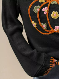 Pumpkin Floral Embroidered Thanksgiving Sweater-Pumpkin Embroidered Thanksgiving Sweater, the perfect fall sweater. The pumpkin embroidered Thanksgiving sweater is a festive and charming choice for fall.