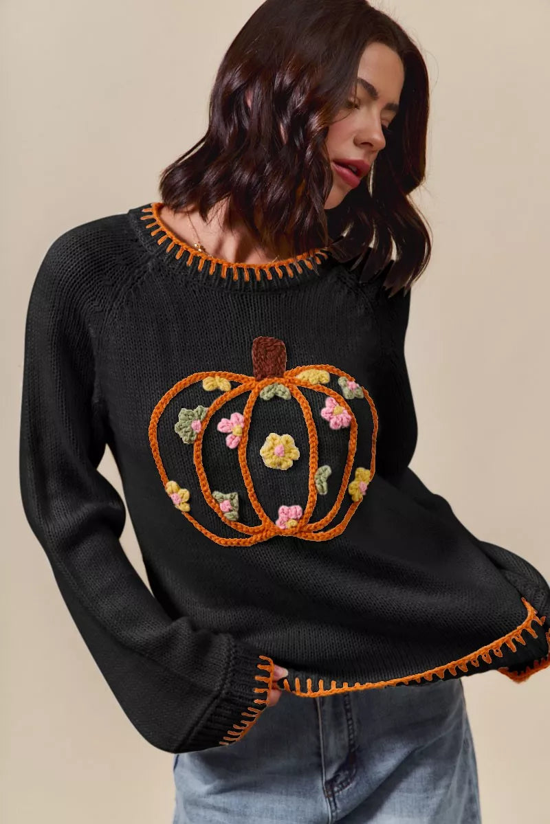 Pumpkin Floral Embroidered Thanksgiving Sweater-Pumpkin Embroidered Thanksgiving Sweater, the perfect fall sweater. The pumpkin embroidered Thanksgiving sweater is a festive and charming choice for fall.
