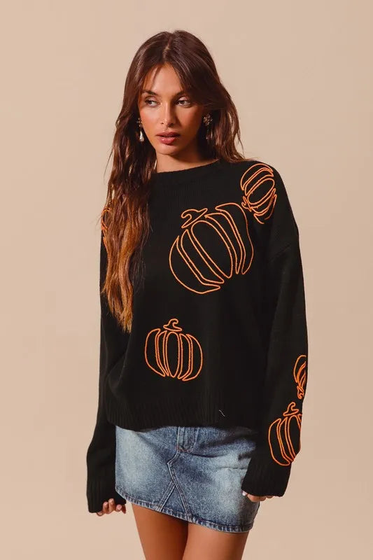 Pumpkin Patch Embroidered Knit Sweater