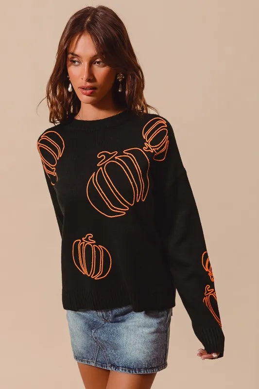 Pumpkin Patch Embroidered Knit Sweater