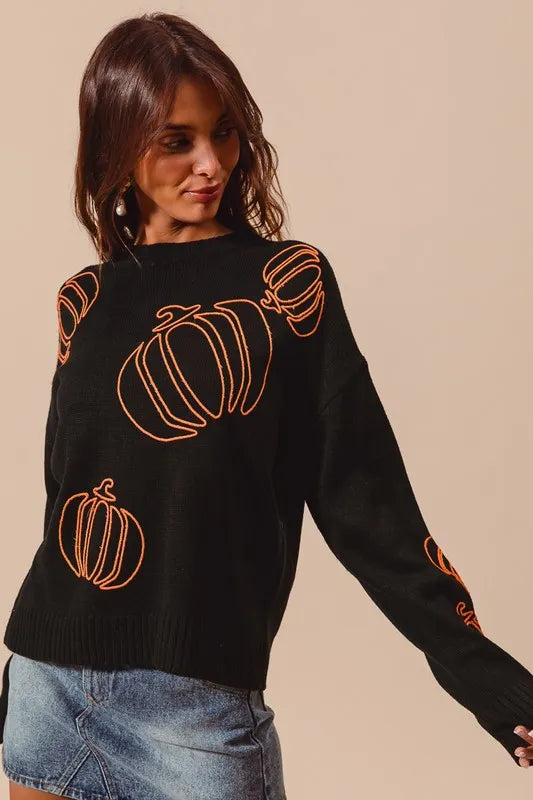 Pumpkin Patch Embroidered Knit Sweater