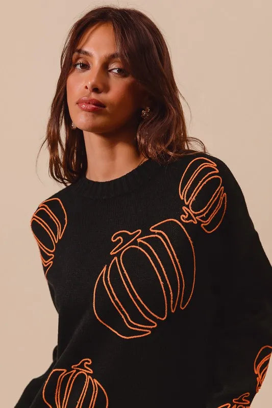 Pumpkin Patch Embroidered Knit Sweater